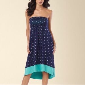 SOMA Dress Strapless Polka Dot Navy Blue Stretch Hi Low Tube Top Ruched Size XS
